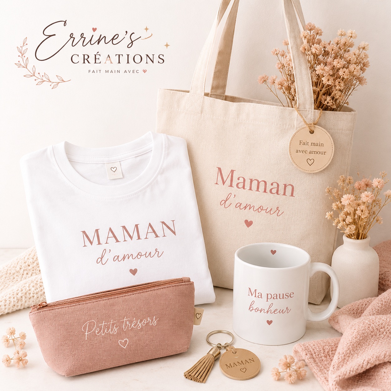 Collection de créations personnalisées Errine’s Créations : t-shirt, tote bag, trousse et mug personnalisés
